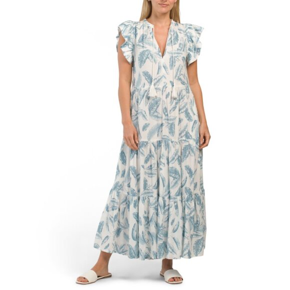 ELAN Blue Printed Flutter Sleeve Cotton Blend Maxi Dress - Picture 1 of 2